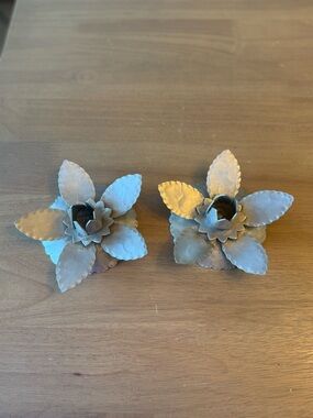 Pair of Vintage Everlast Hand Forged Aluminum Flower Shaped Candlestick Holders